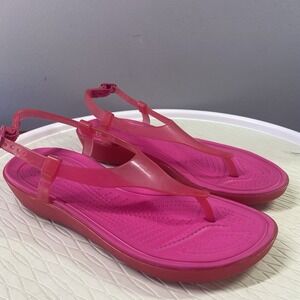 CROCS-women's Flip‎ Flops W/ankle Strap Jelly Thong Sandals Hot Pink Sz.6